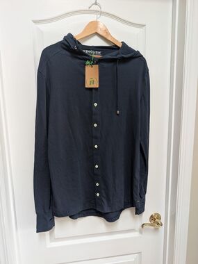 Spenglish Men’s M Navy Hooded Button Down Shirt Stretch Cotton NWT